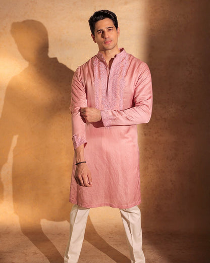 Pink Resham Embroidered Silk Kurta